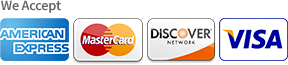 We accept Visa, Mastercard, American Express, and Discover cards.
